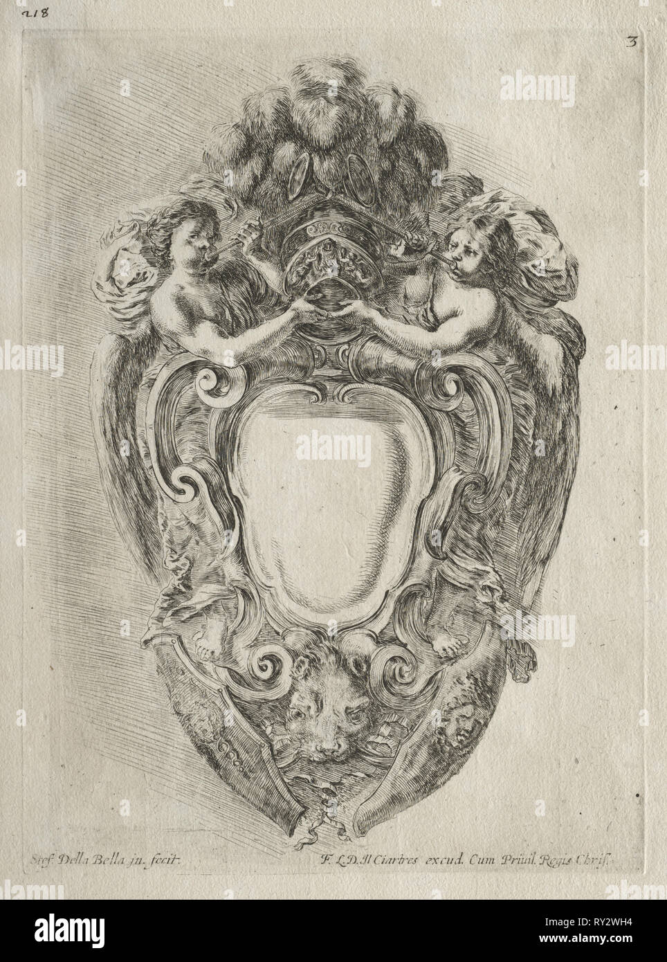 Sammlung von verschiedenen Launen und neue Designs für Kartuschen und Ornamente: Nr. 3. Stefano Della Bella (Italienisch, 1610-1664). Ätzen Stockfoto