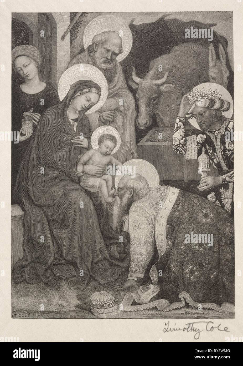Alten italienischen Meister: Die Anbetung der Könige, 1887. Timothy Cole (American, 1852-1931). Holzstich Stockfoto