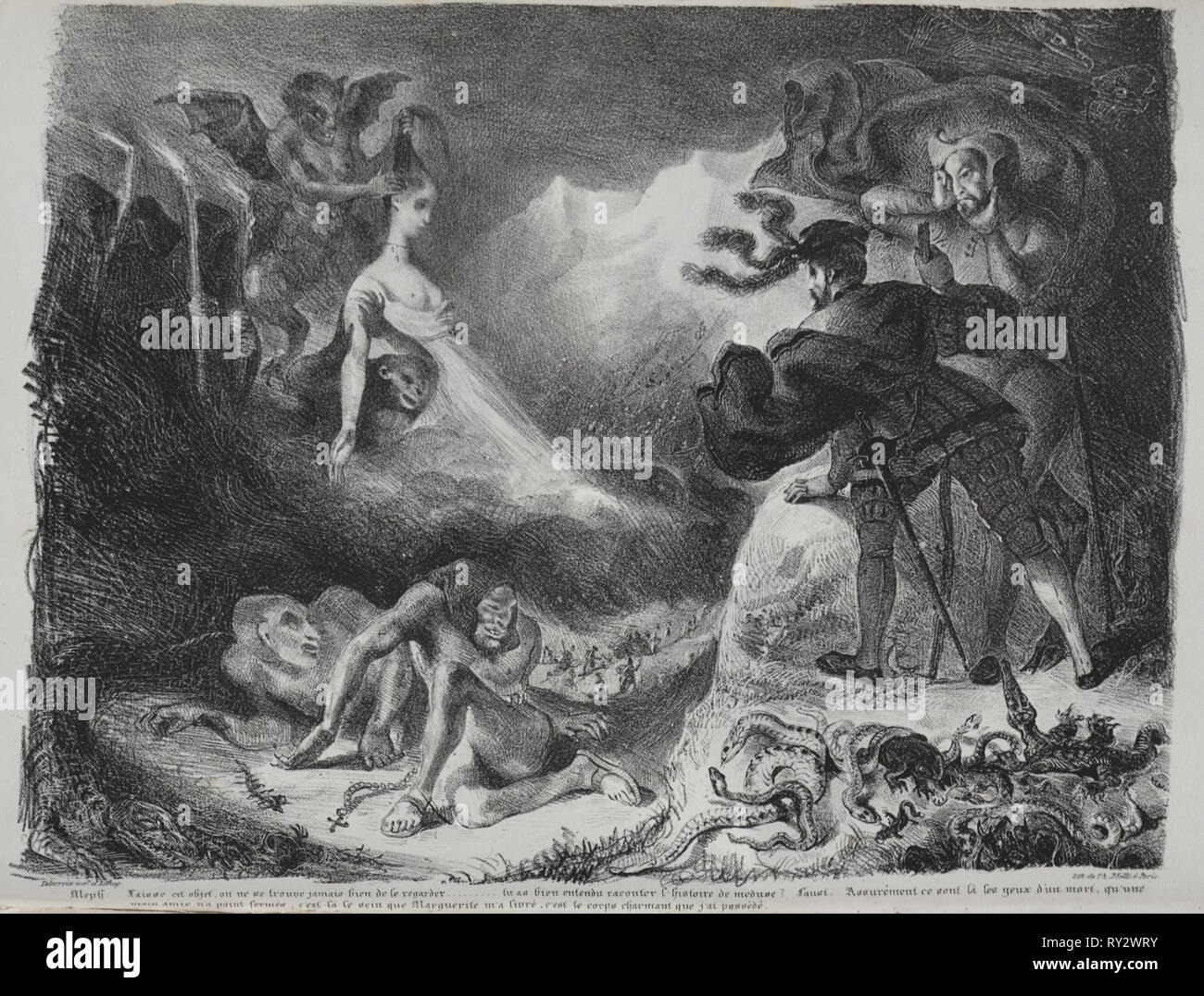 Faust: Tragédie de M. de Goethe, auf Französisch übersetzt von Albert Stapfer.: Illustrationen für Faust: Marguerite's Shadow" erscheint zu Faust, 1828. Eugène Delacroix (Französisch, 1798-1863), Chez Ch. Motte, Éditeurs, vertrieben von Chez Sautelet, Libraire. Lithographie Stockfoto