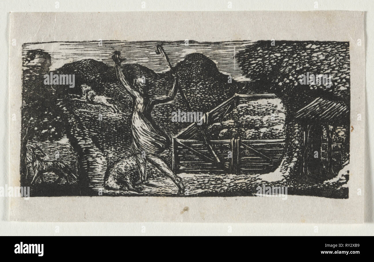 Die PASTORALS von Virgil, ECLOGUE I: Der Hirte vertreibt ein Wolf, 1821. William Blake (British, 1757-1827). Holz Gravuren; Bild: 3,5 x 7,4 cm (1 3/8 x 2 15/16 in Stockfoto