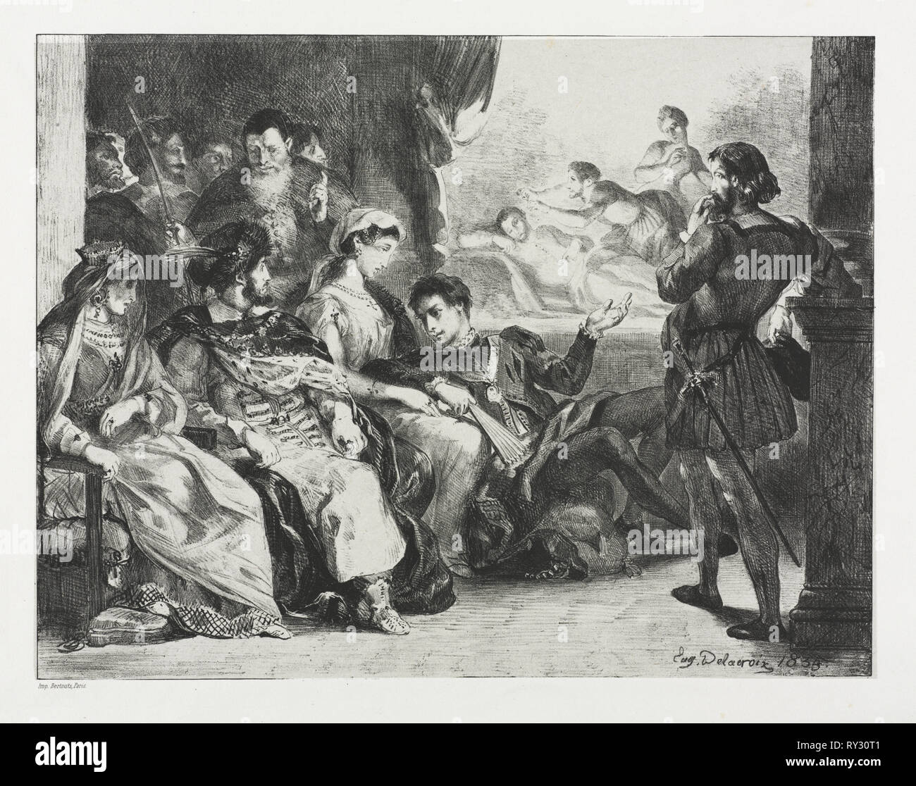 Weiler: Weiler Befehle die Akteure eine Szene aus der Vergiftung seines Vaters, 1834 zu tun. Eugène Delacroix (Französisch, 1798-1863). Lithographie Stockfoto