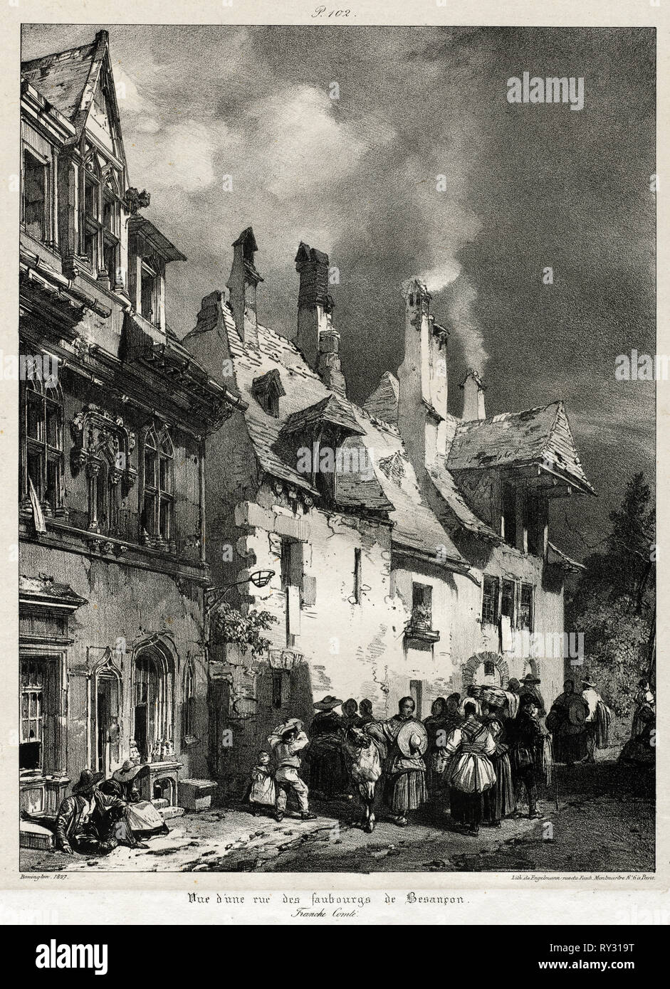 Voyages pittoresques et romantiques dans l'ancienne Frankreich, Franche-Comté: Vue d'une rue des Faubourgs de Besançon, 1825. Richard Parkes Bonington (British, 1802-1828). Lithographie Stockfoto