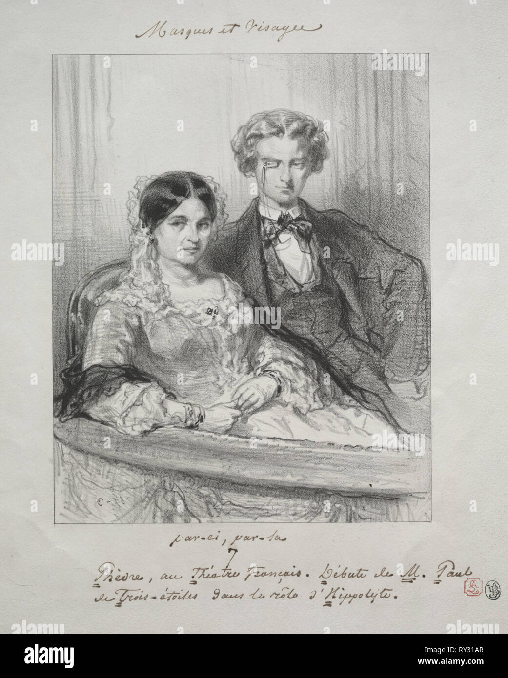 Masken et visages: Paric, Par-la: Phèdre au Théâtre-Francais Debüt de M. Paul de Trois-Etoiles dans le rôle d'Hippolyte, 1857-1858. Paul Gavarni (Französisch, 1804-1866). Lithographie Stockfoto
