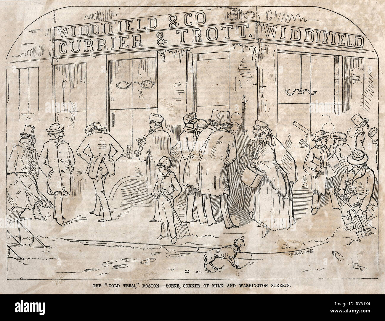 Die 'Kalten Begriff, "Boston-Szene, Ecke Milch und Washington Straßen, 1858. Winslow Homer (American, 1836-1910). Holzstich Stockfoto