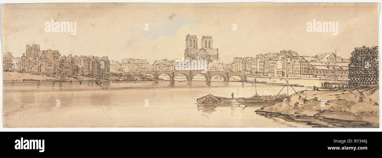 Eine Auswahl von 20 der schönsten Ansichten in Paris: Blick von Pont de la Tournelle und Notre Dame aus dem Arsenal, 1802 übernommen. Thomas Girtin (British, 1775-1802). Soft-boden Ätzen mit bistre Waschen Stockfoto