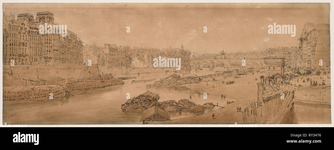 Eine Auswahl von 20 der schönsten Ansichten in Paris: Blick auf die Stadt mit dem Louvre von der Pont Marie, 1802 übernommen. Thomas Girtin (British, 1775-1802). Soft-boden Ätzen mit bistre Waschen Stockfoto