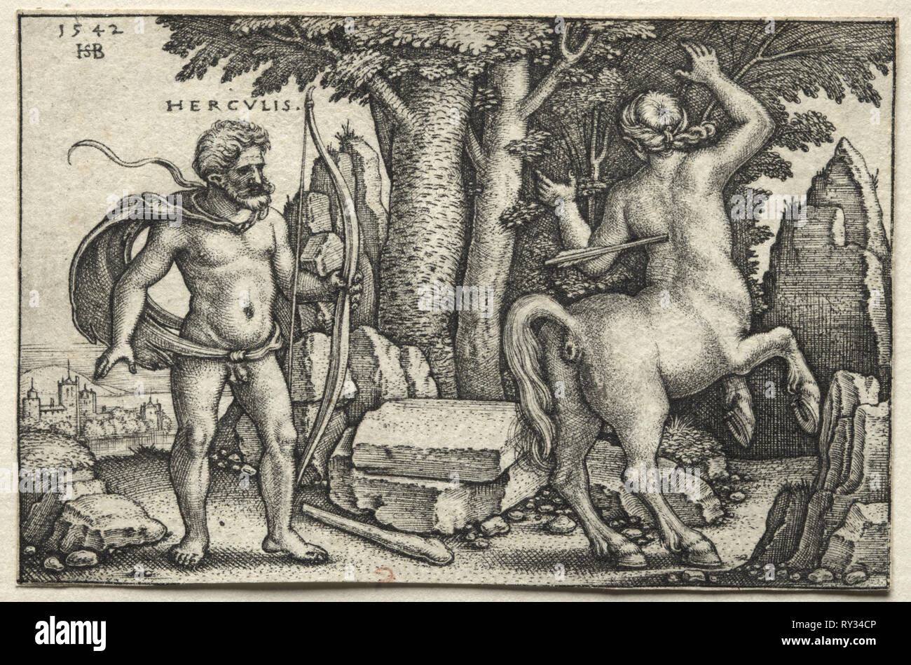 Die Arbeiten des Herkules: Herkules schießen Nessus, 1542. Hans Sebald Beham (1500-1550). Gravur Stockfoto