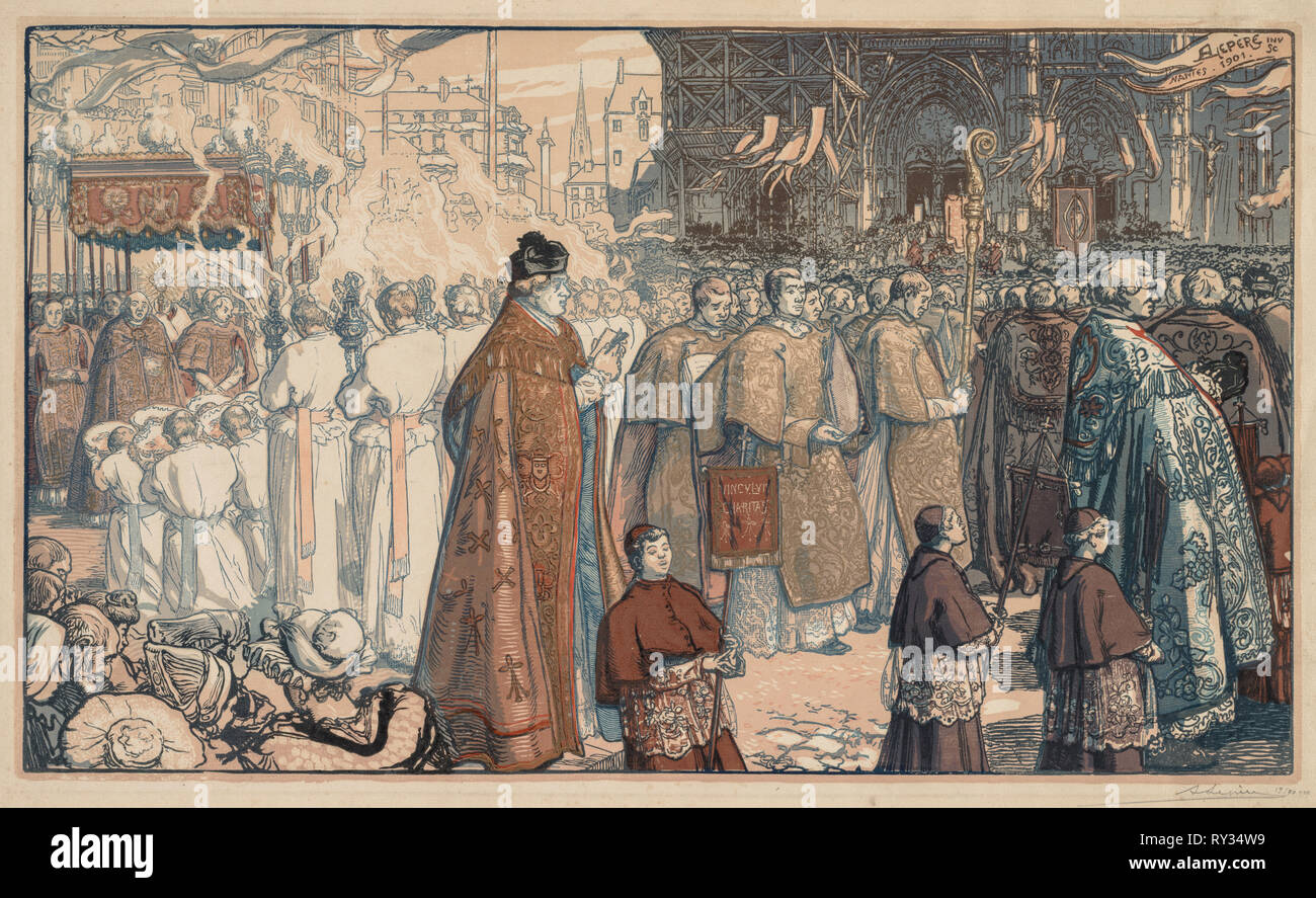 La Prozession de La Fête-Dieu à Nantes, 1901. Louis Auguste Lepère (Französisch, 1849-1918). Chiaroscuro Holzschnitt Stockfoto