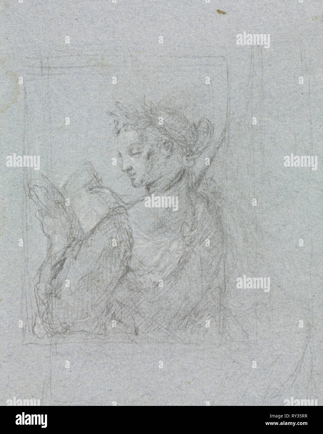 Verona Skizzenbuch: Weibliche Figur mit offenem Buch (Seite 63), 1760. Francesco Lorenzi (Italienisch, 1723-1787). Schwarze Kreide, weiß gehöht; Blatt: 32 x 23 cm (12 5/8 x 9 1/16 in Stockfoto