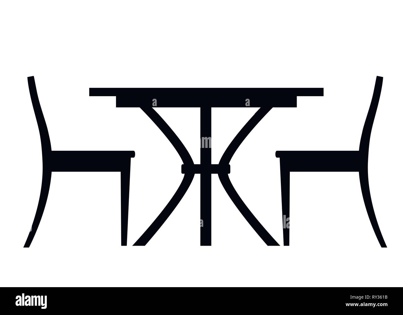 Schwarze Silhouette. Restaurant und Cafe Holz- Tisch und zwei Stühle. Flache Vector Illustration auf weißem Hintergrund. Stock Vektor