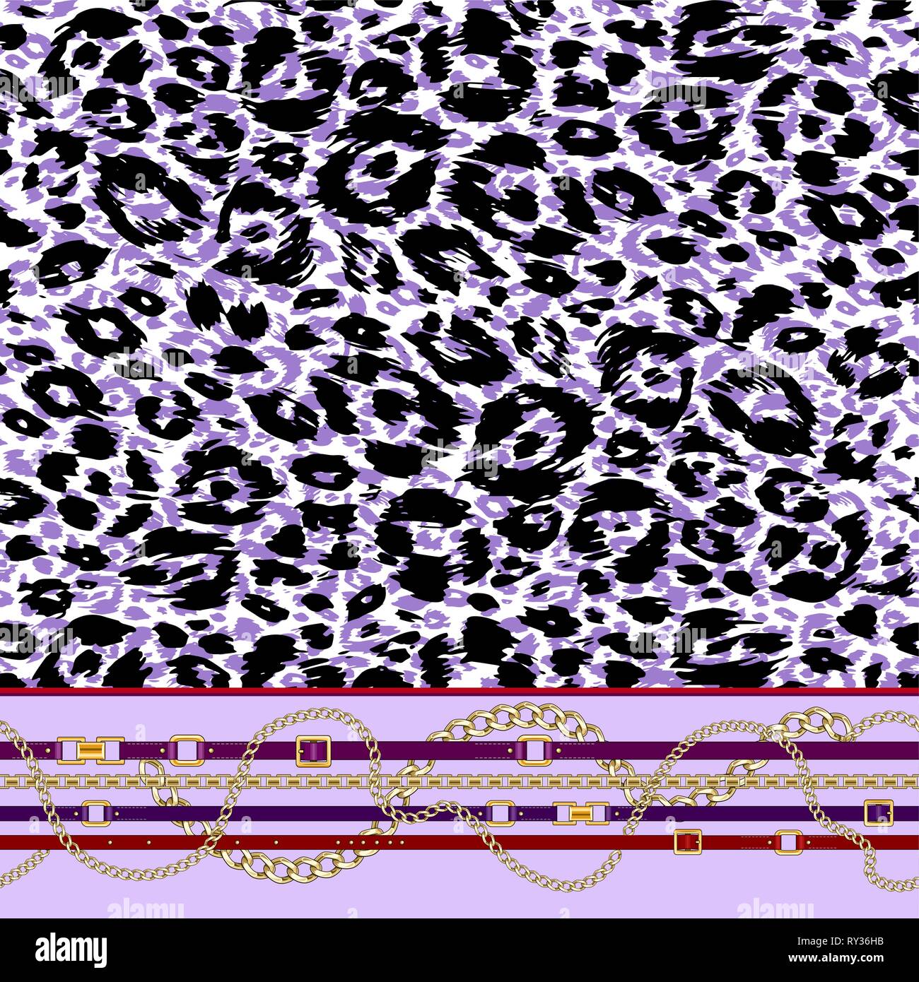 Abctract Muster mit Riemen, Kette auf Violett tierischer Haut Hintergrund für Stoff. Trendy wiederholen Leopardenmuster. Stock Vektor