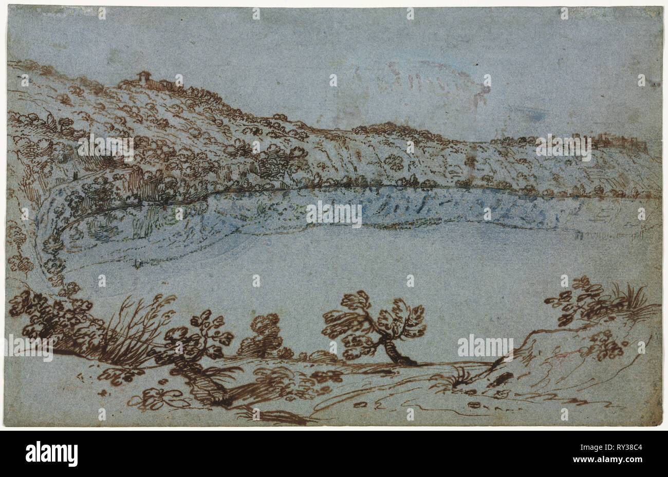 Blick auf den See Nemi, C. 1650. Italien, 17. Stift und Bister mit Pinsel und Blue Wash (auf Grün an Orten verfärbt) (Trace von Rötel, die nichts mit der Zusammensetzung); Blatt: 16,7 x 26 cm (6 9/16 x 10 1/4 in Stockfoto