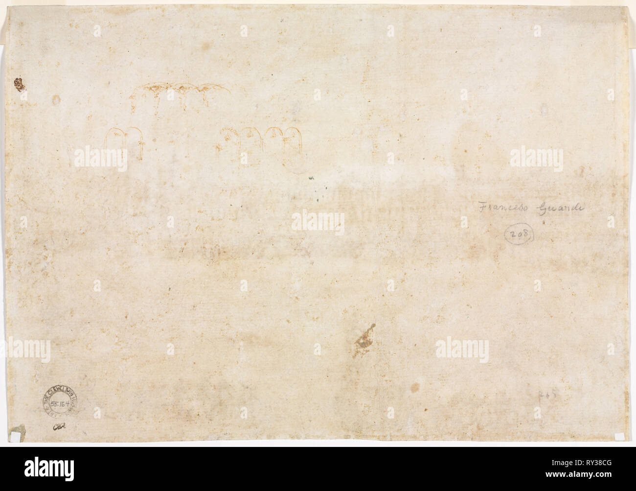 Drei Skizzen von Bögen, 1782. Francesco Guardi (Italienisch, 1712-1793). Feder und Tinte Braun; Blatt: 25,9 x 36,8 cm (10 1/4 x 14 1/2 in. Stockfoto