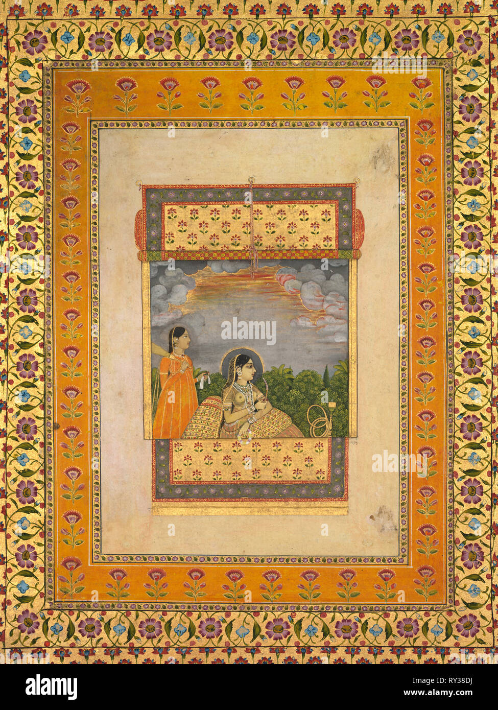 Prinzessin und Telefonzentrale in Trompe-l'oeil-Fenster, C. 1765. Aqil Khan (Indische, aktive Mid-1700s). Opak Aquarell und Gold auf Papier; Bild: 12,5 x 7,8 cm (4 15/16 x 3 1/16 in.); insgesamt: 44 x 31,6 cm (17 5/16 x 12 7/16 Stockfoto