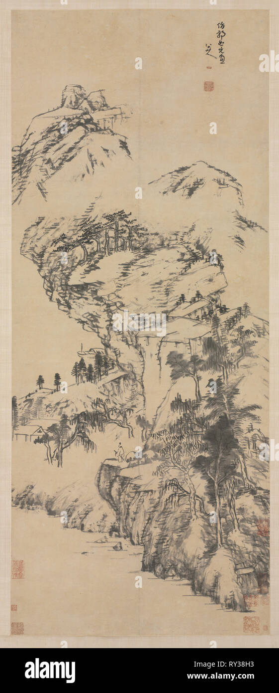 Landschaft nach Guo Zhongshu, Mitte 1600 s-1705. Bada Shanren (Chinesisch, 1626-1705). Hängerolle, Tusche auf Papier; Bild: 109,9 x 56,4 cm (43 1/4 x 22 1/4 in.); insgesamt: 247,7 x 84,5 cm (97 1/2 x 33 1/4 in Stockfoto