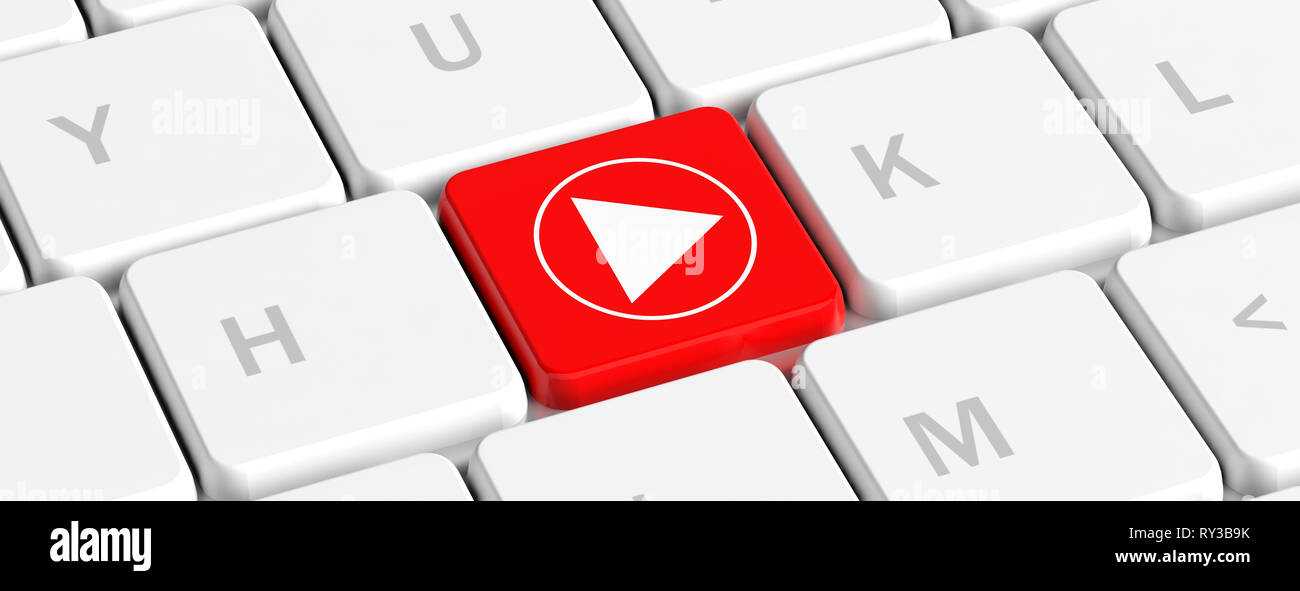 Play Video Konzept. Rote Taste Taste mit einem Pfeil auf einer PC-Tastatur, Banner. 3D-Darstellung Stockfoto