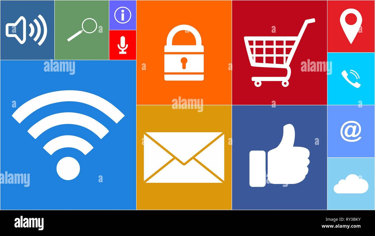 Tech Symbole Vielfalt. WiFi, Warenkorb, Daumen hoch, e-Mail, Suchen, Sperren, Ortszeiger, Cloud etc. Stockfoto