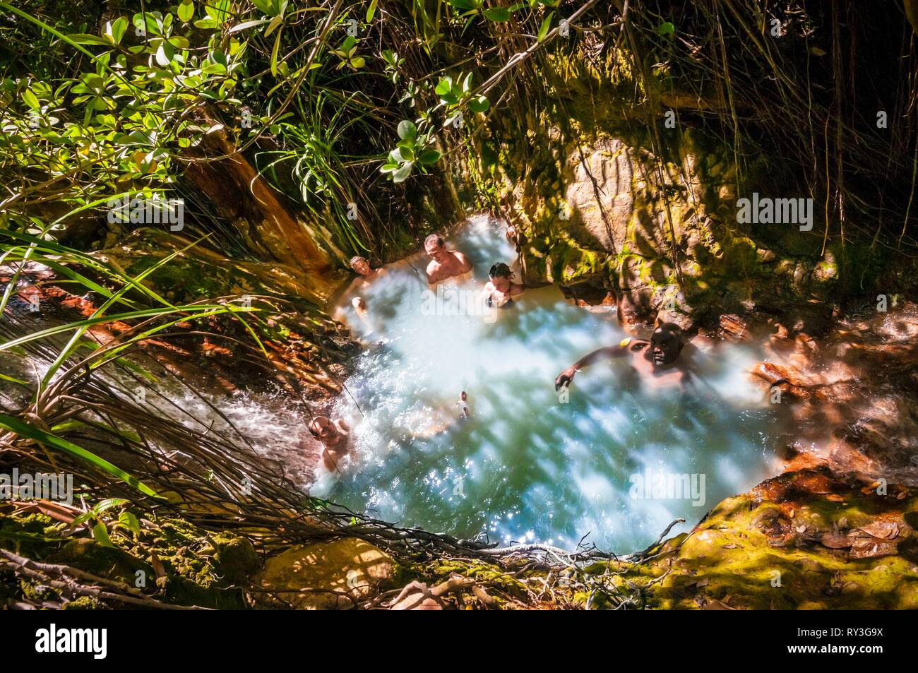 Dominica, Morne Trois Pitons Nationalpark eingeschrieben auf der Liste des Weltkulturerbes der UNESCO, Desolation Valley, Baden in einer geothermischen Becken, natürliche heiße Quelle, die die einzelne Farbe aufgrund der Anwesenheit von Kalzium, Kohlenstoff, Schwefel und Eisen ist Stockfoto Dominica, Morne Trois Pitons Nationalpark eingeschrieben auf der Liste des Weltkulturerbes der UNESCO, Desolation Valley, Baden in einer geothermischen Becken, natürliche heiße Quelle, die die einzelne Farbe aufgrund der Anwesenheit von Kalzium, Kohlenstoff, Schwefel und Eisen ist Stockfoto