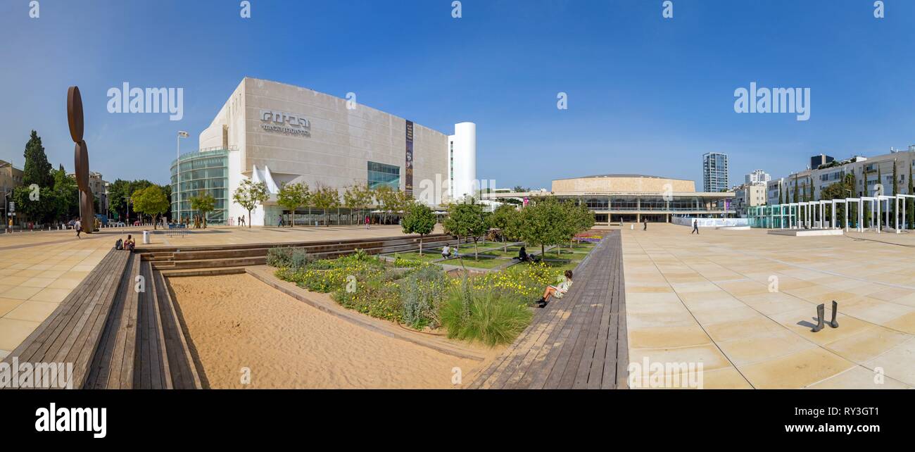 Israel Tel Aviv-Jaffa, Tel Aviv, das Stadtzentrum, Habima Square und dem habima Theater, das Nationaltheater von Israel, ein Ausdruck des Geistes, der das jüdische Volk mit einem besonderen Fokus auf hebräischen Kultur und Sprache Stockfoto