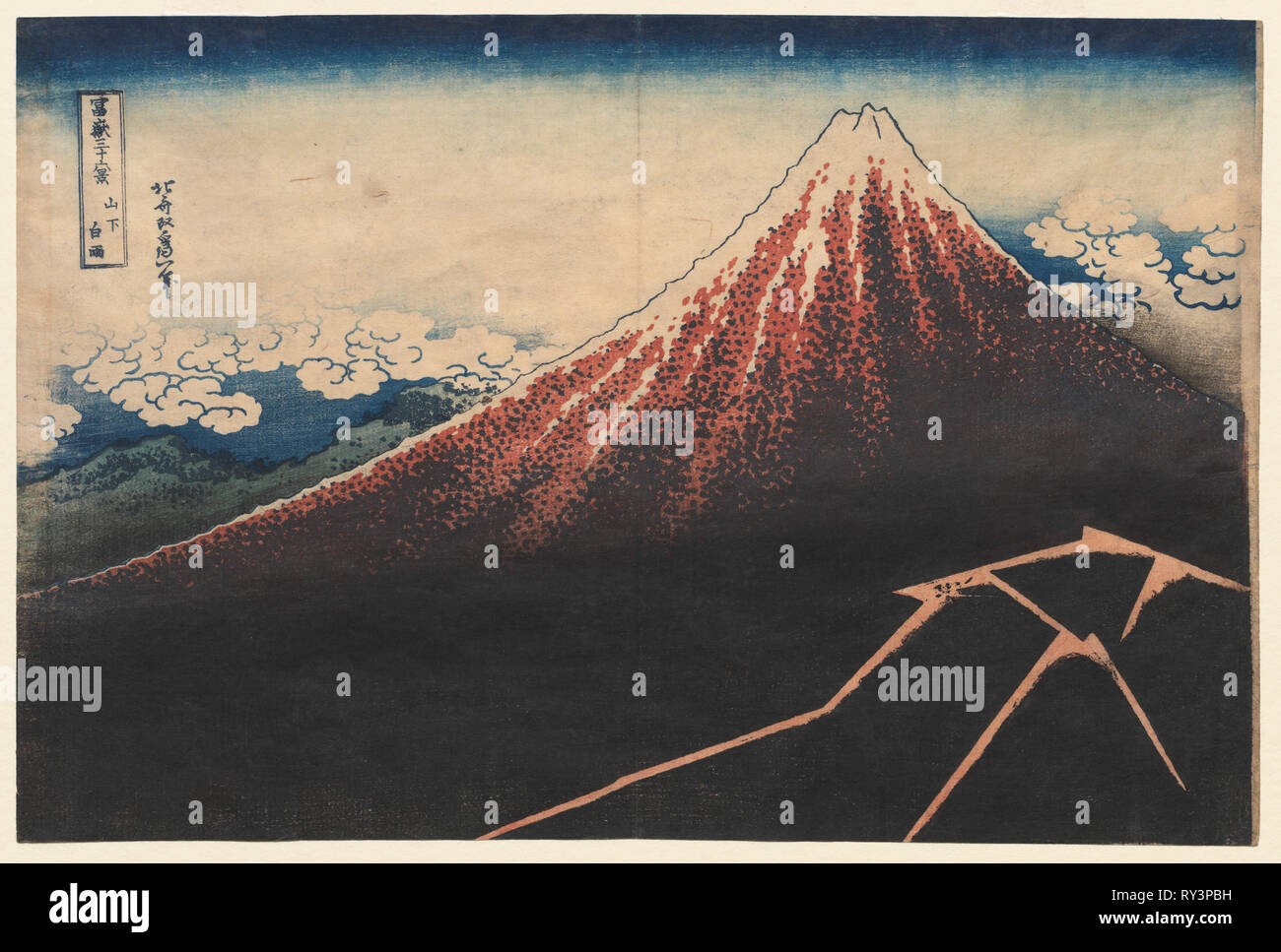 Regen unterhalb des Berges (aus der Serie 36 Ansichten des Mt. Fuji), Anfang der 1830er Jahre. Katsushika Hokusai (Japanisch, 1760-1849). Farbe holzschnitt; gesamt: 25,4 x 38,4 cm (10 x 15 1/8 in. Stockfoto