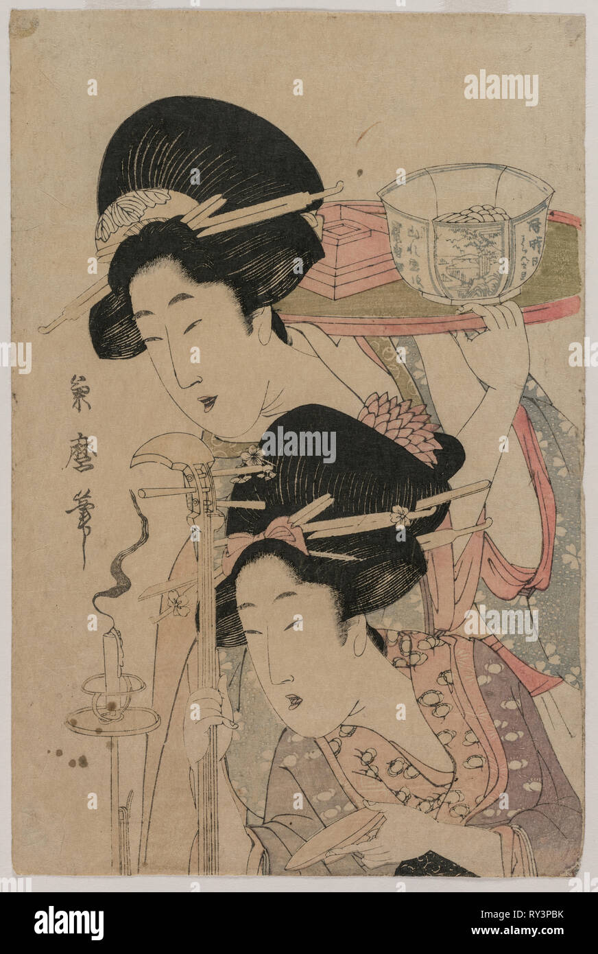 Zwei Geishas neben eine Kerze, Mitte 1800. Kitagawa Kikumaro (Tsukimaro) (Japanisch). Farbe holzschnitt; Blatt: 36 x 23,8 cm (14 1/4 x 9 3/8 Zoll Stockfoto