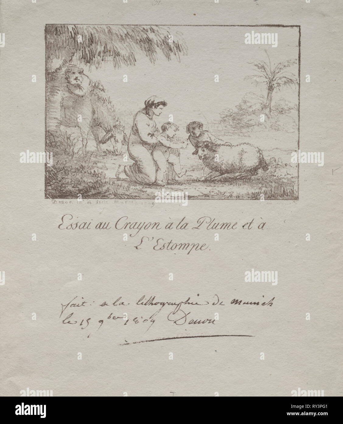 Heilige Familie auf der Flucht nach Ägypten, 1809. Dominique Vivant Denon (Französisch, 1747-1825). Lithographie; Blatt: 23,7 x 19,2 cm (9 5/16 x 7 9/16 in.); Bild: 9,7 x 14,1 cm (3 13/16 x 5 9/16 Zoll Stockfoto