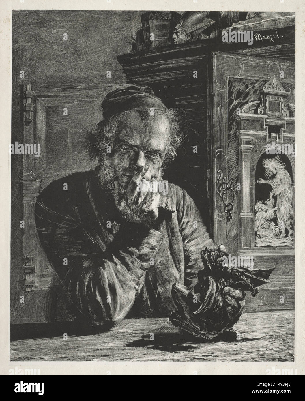 Der ANTIQUAR - Selbstbildnis, 1851. Adolph von Menzel (1815-1905). Lithographie Stockfoto