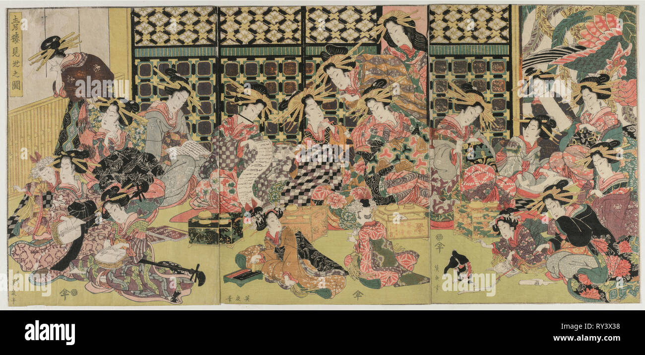 Ein Bild der Anzeige in das Vergnügen, Viertel, 1810 s. Kikugawa Eizan (Japanisch, 1787-1867). Farbe holzschnitt; gesamt: 37,2 x 26,4 cm (14 5/8 x 10 3/8 in Stockfoto