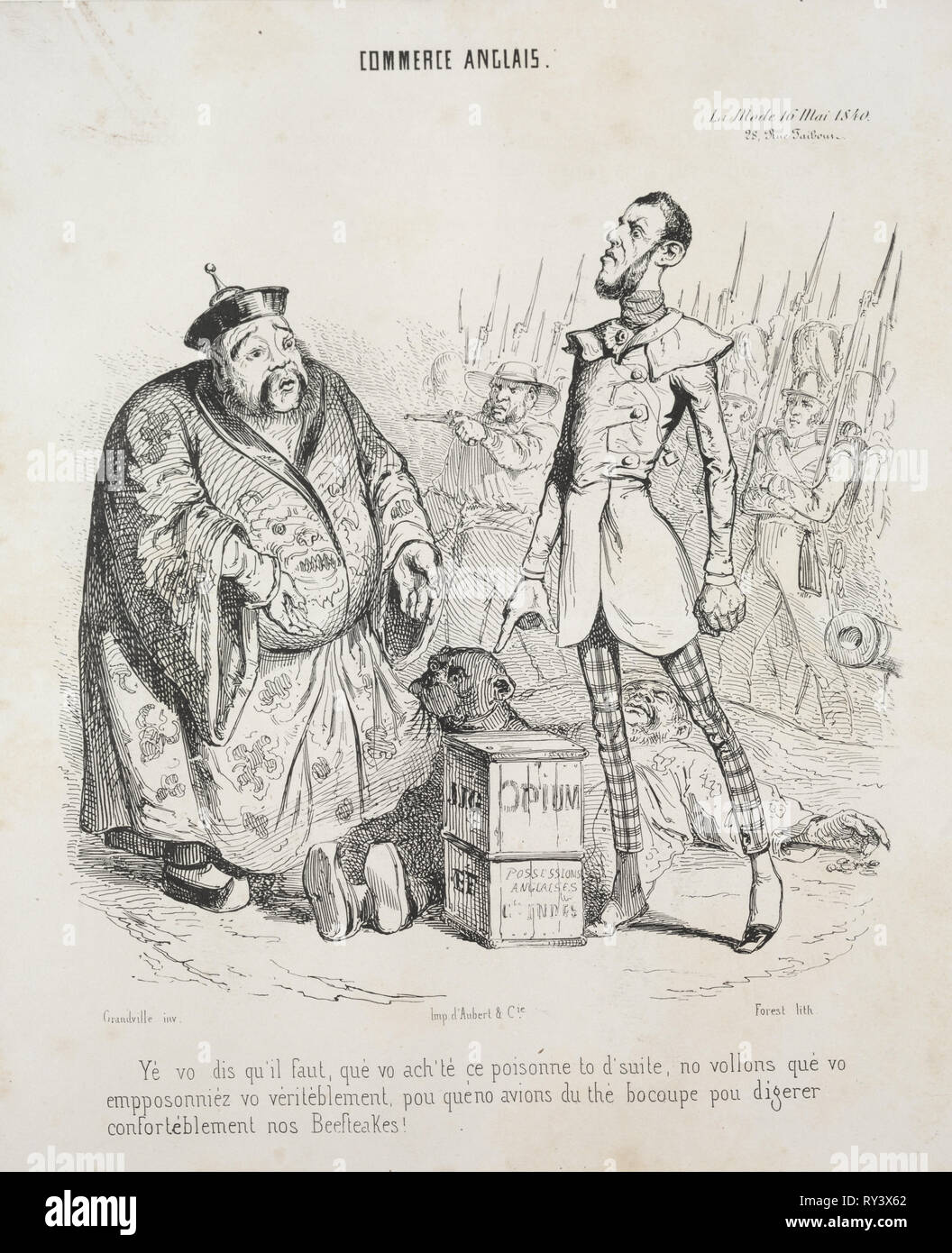 Commerce anglais. Yé vo dis qu'il faut, que vo Reach" ce-poisonne d 'Suite, keine vollons que vo vo empposonniez véritéblement, Poe que no Avions de Thé bocoupé Poe digerer conforteblément nos Beefteakes!, 1840. Jean-Jacques Grandville (Französisch, 1803-1847). Lithographie Stockfoto