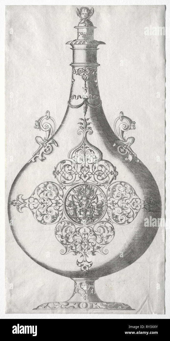 Pear-Flasche mit Trophäe von Waffen geprägt. Mathis Zündt (Deutsch, C. 1498-1572). Ätzen Stockfoto