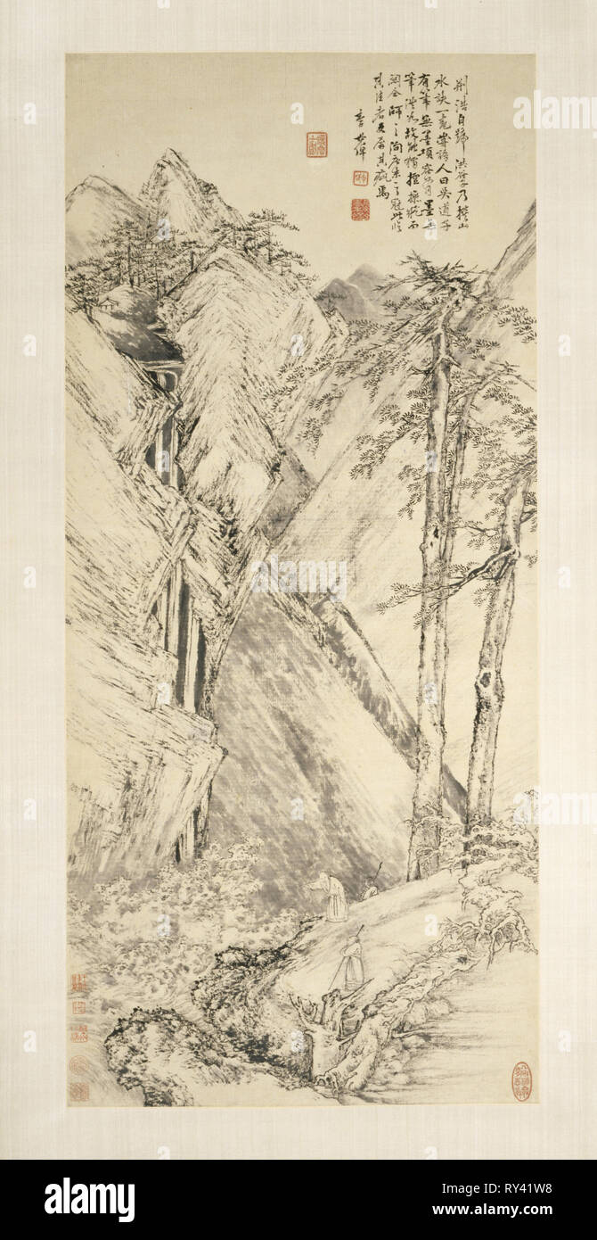 Landschaft nach Jing Hao und Guan Tong, C. 1690-1770. Li Shizhuo (Chinesisch, C. 1690-1770). Hängerolle, Tusche auf Papier; Bild: 91 x 40,9 cm (35 13/16 x 16 1/8 in.); insgesamt: 226,7 x 68,6 cm (89 1/4 x 27 in Stockfoto