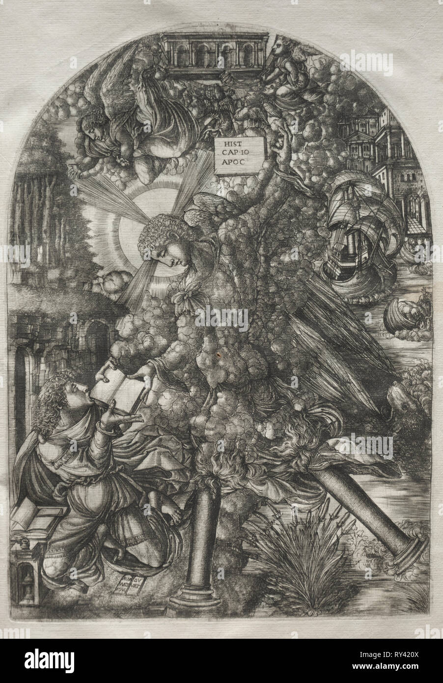 Die Apokalypse: Der Engel gibt St. Johannes das Buch zu Essen, 1546-1556. Jean Duvet (Französisch, 1485-1561). Gravur Stockfoto