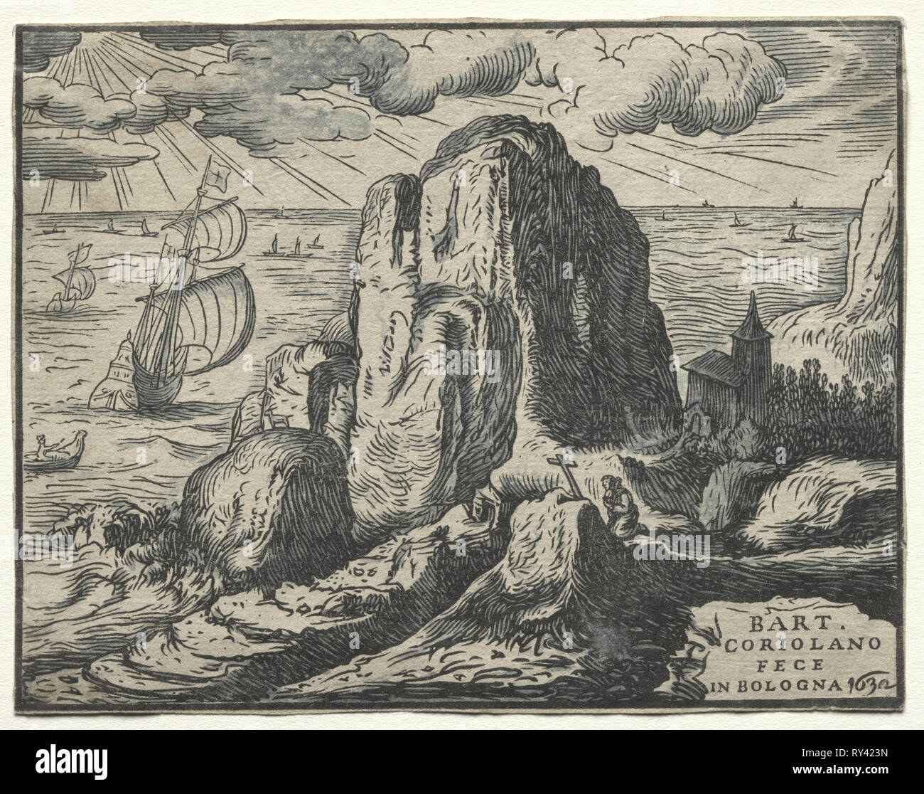 Satz von 4 Landschaften: Nr. 4 - Cliff am Meer. Hendrick Goltzius (Niederländisch, 1558 - 1617). Chiaroscuro Holzschnitt Stockfoto