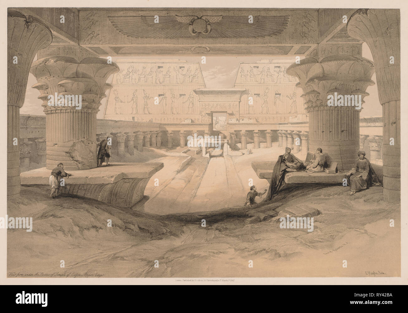 Ägypten und Nubien: Band I, Nr. 32, Ansicht von unterhalb der Vorhalle des Tempels von Edfou, Oberägypten, 1838. Louis Haghe (British, 1806-1885). Farblithographie Stockfoto