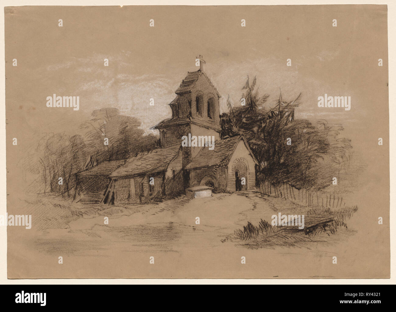 Kirche in einer Landschaft, 1800. Henry Hell (British, 1810-1873). Kohle und weiße Kreide Stockfoto