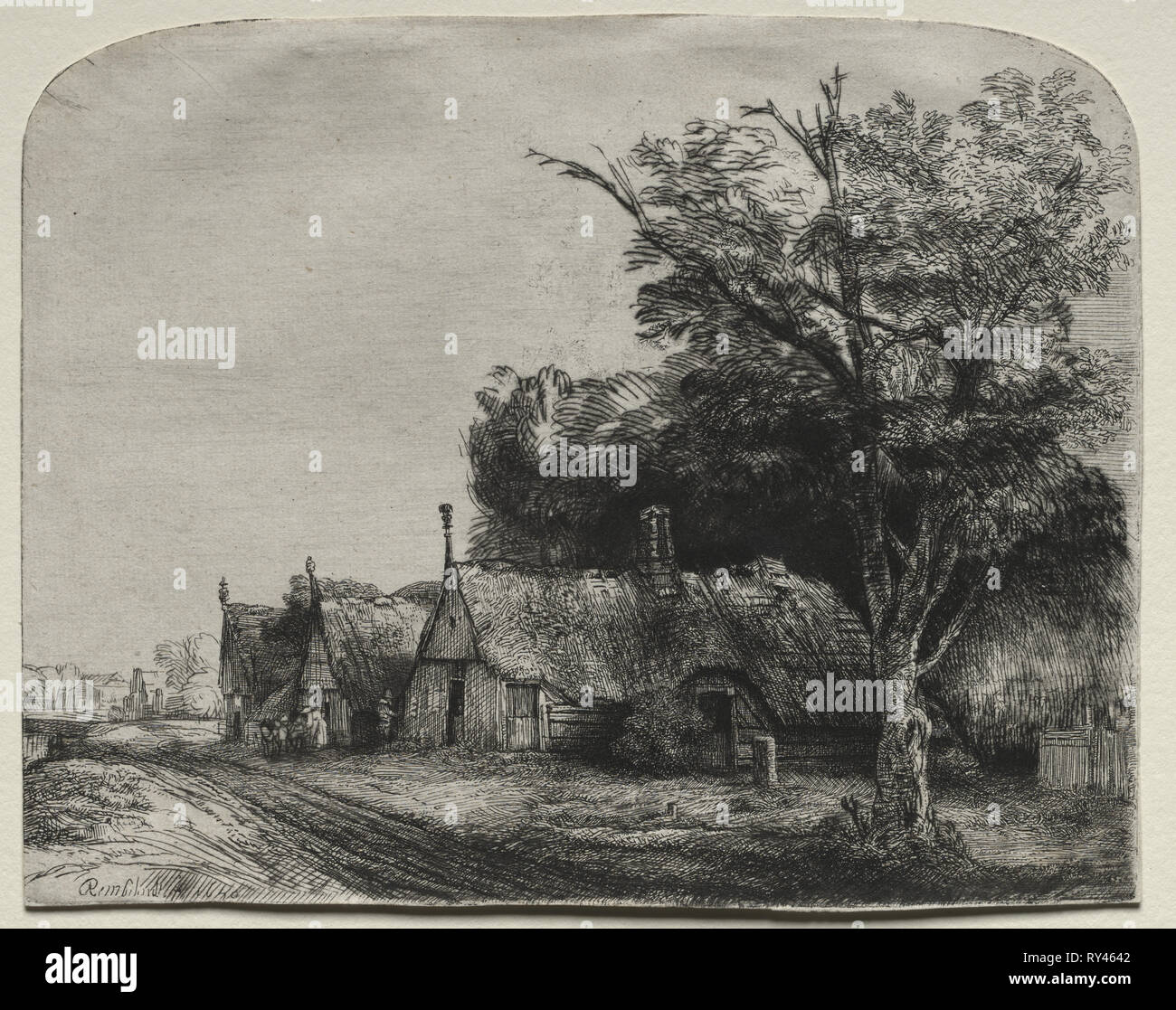 Landschaft mit drei Giebelhaus Cottages neben einer Straße, 1650. Rembrandt van Rijn (Niederländisch, 1606-1669). Ätzen und drypoint; Blatt: 16,2 x 20,4 cm (6 3/8 x 8 1/16 in Stockfoto