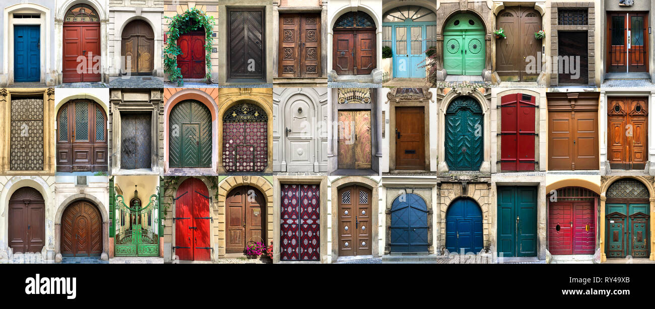 Collage aus 36 bunten Türen vorne Stockfoto