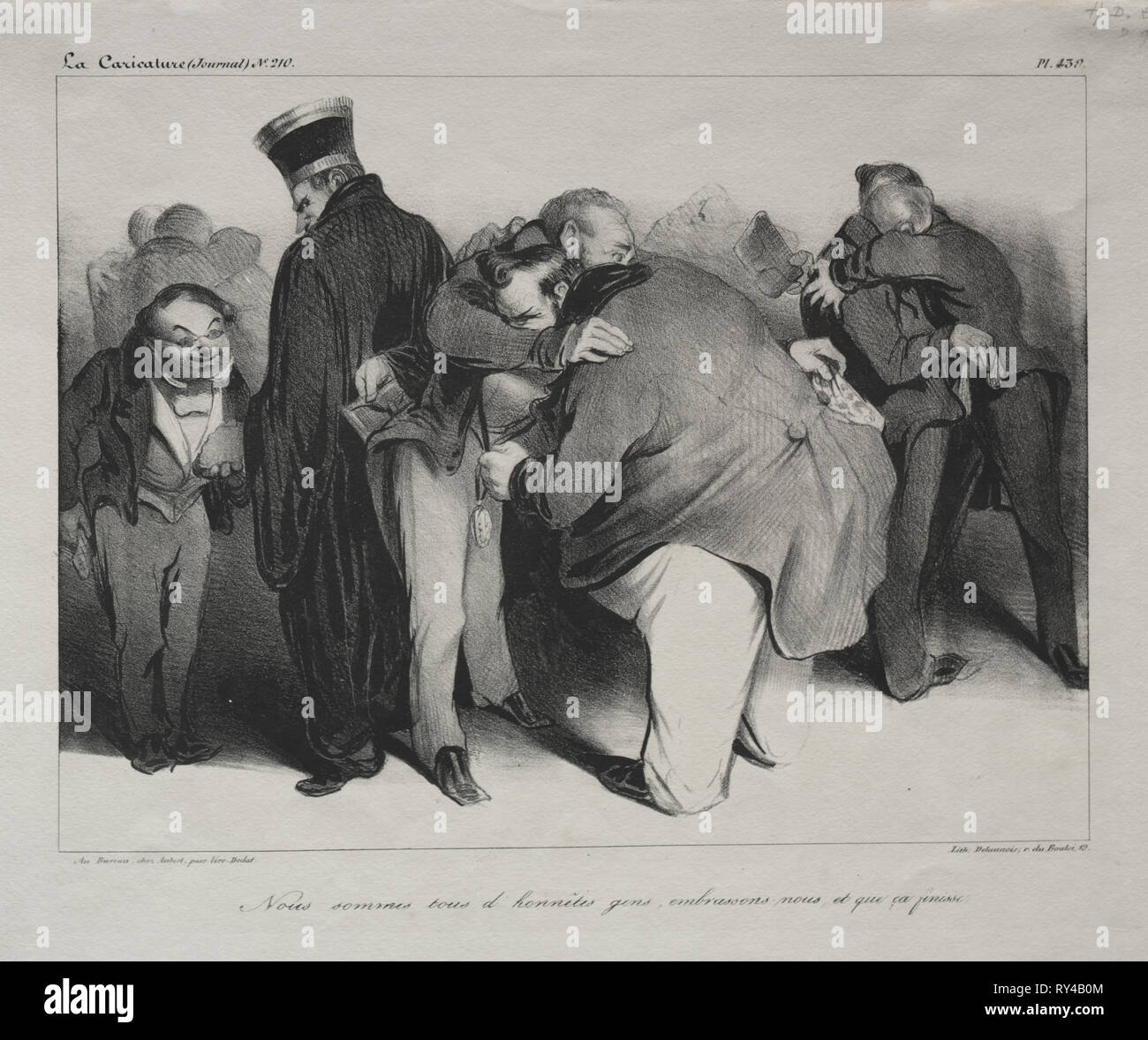 La Karikatur (Journal). 210: Karikatur, Platte 439: sind wir alle ehrlichen Männer, also lassen Sie uns umarmen und mit ihm getan werden, 1834. Honoré Daumier (Französisch, 1808-1879), Aubert. Lithographie; Blatt: 27,7 x 36,6 cm (10 7/8 x 14 5/6 in.); Bild: 21,6 x 29 cm (8 1/2 x 11 7/16 Stockfoto