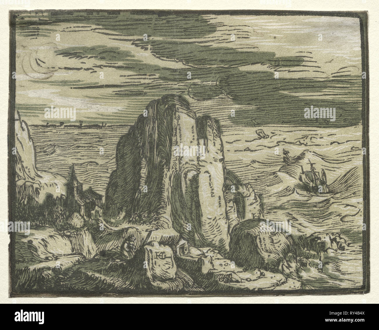 Aus einem Set von 4 Landschaften: Cliffon des Meeres, der unzählbar ist. Hendrick Goltzius (Niederländisch, 1558 - 1617). Chiaroscuro Holzschnitt Stockfoto