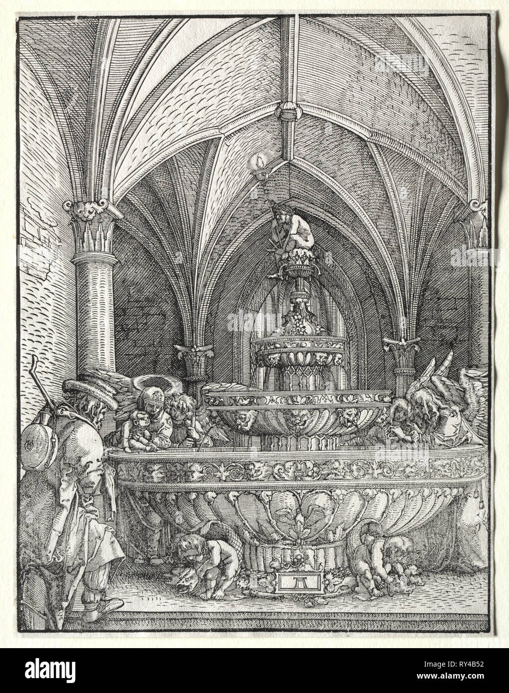 Die Heilige Familie auf der Flucht nach Ägypten an einem Brunnen, C. 1520. Albrecht Altdorfer (Deutsch, C. 1480-1538). Holzschnitt Stockfoto