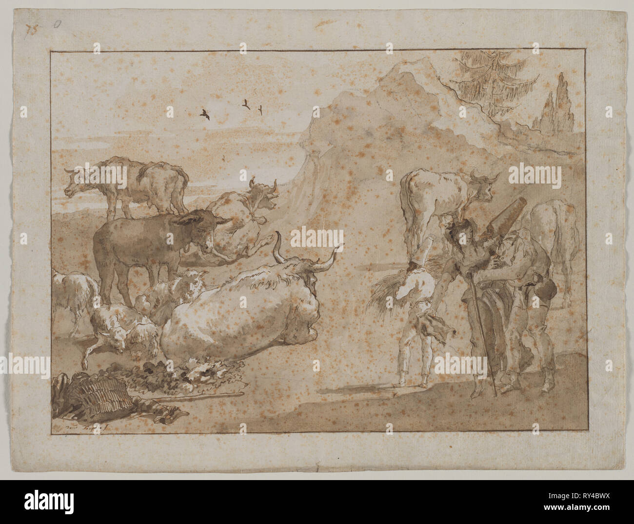 Kühe und Schafe, 1790er Jahre. Giovanni Domenico Tiepolo (Italienisch, 1727-1804). Pen und braune Tusche und Pinsel und Braun waschen, über Schwarze Kreide; framing Linien in Bister und Graphit; Blatt: 35,8 x 47,3 cm (14 1/8 x 18 5/8 in.); Bild: 29,5 x 41,5 cm (11 5/8 x 16 5/16 Zoll Stockfoto