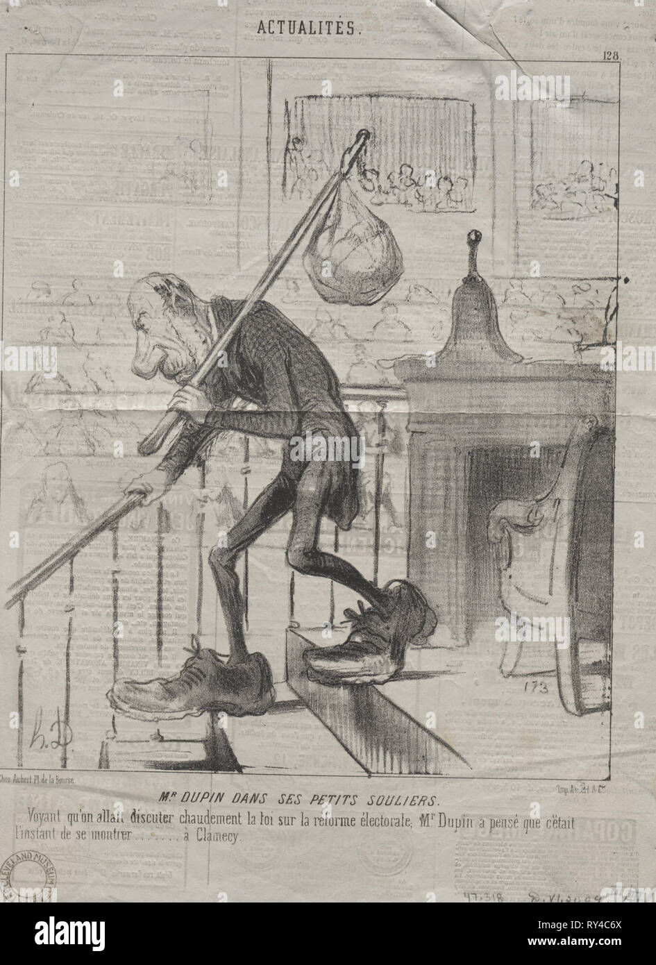 In le Charivari (18. Mai 1850) veröffentlicht: Aktualitäten (Nr. 128): Herr Dupin in seiner kleinen Schuhe, 1850. Honoré Daumier (Französisch, 1808-1879). Lithographie; Blatt: 31,7 x 23 cm (12 1/2 x 9 1/16 in.); Bild: 24,7 x 21,2 cm (9 3/4 x 8 3/8 Zoll Stockfoto