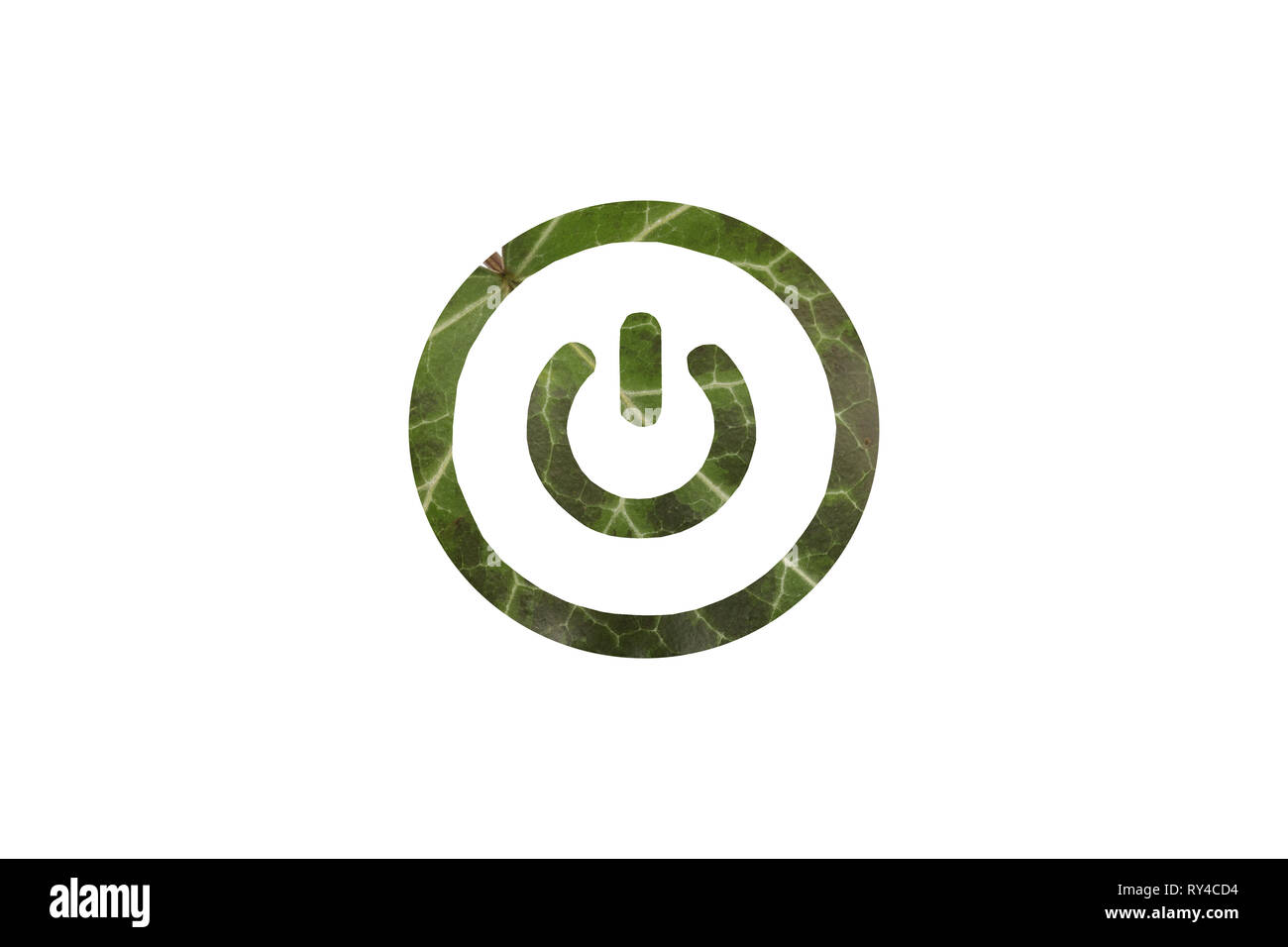 Symbol für Start ausgeschnitten aus dem Foto eines grünen Efeu Blatt Stockfoto