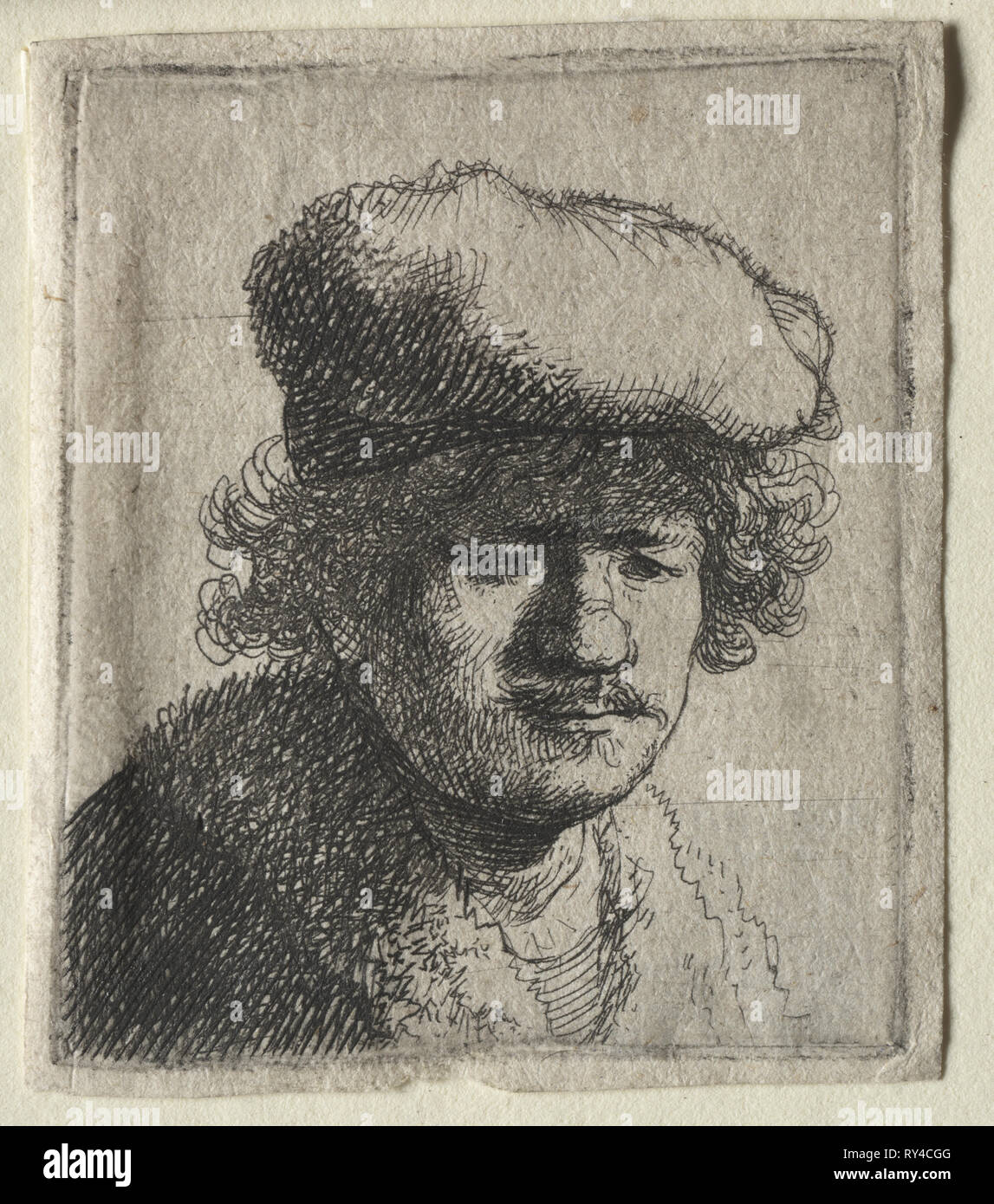Selbstbildnis mit Kappe nach vorne gezogen, C. 1631. Rembrandt van Rijn (Niederländisch, 1606-1669). Radierung mit Gravur; Plattenrand: 5,1 x 4,3 cm (2 x 1 11/16 in Stockfoto