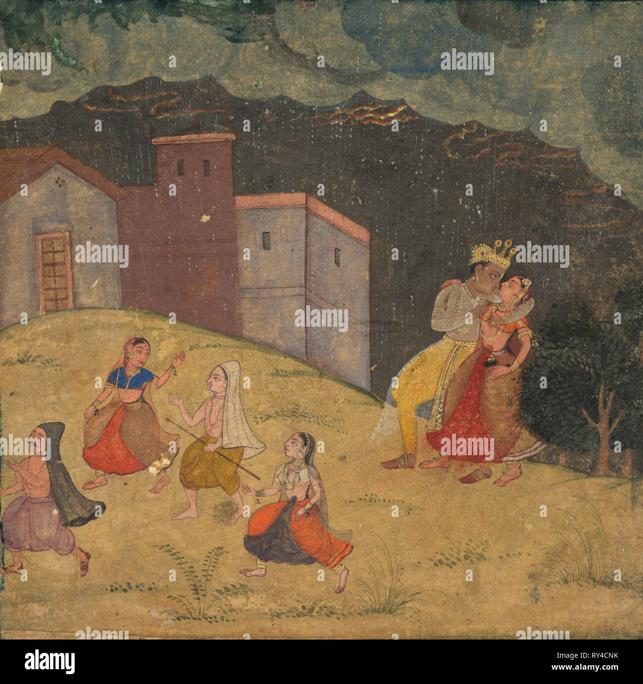 Radha und Krishna gefangen in einem Sturm, c 1615-1620. Indien, Mughal Dynasty (1526-1756). Farbe auf Papier; insgesamt: 13 x 13 cm (5 1/8 x 5 1/8 in. Stockfoto