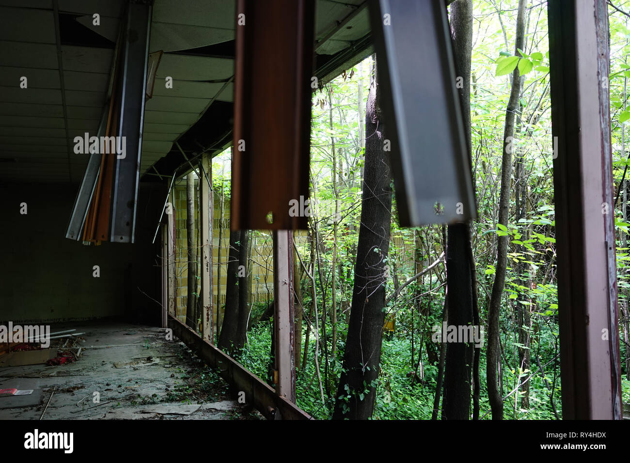 Detroit, Michigan, 18. Mai 2018: Innenansicht der abgebrochenen und George Ferris Schule in Detroit beschädigt. Wie andere Schulen in Highland Park, Ferris Stockfoto