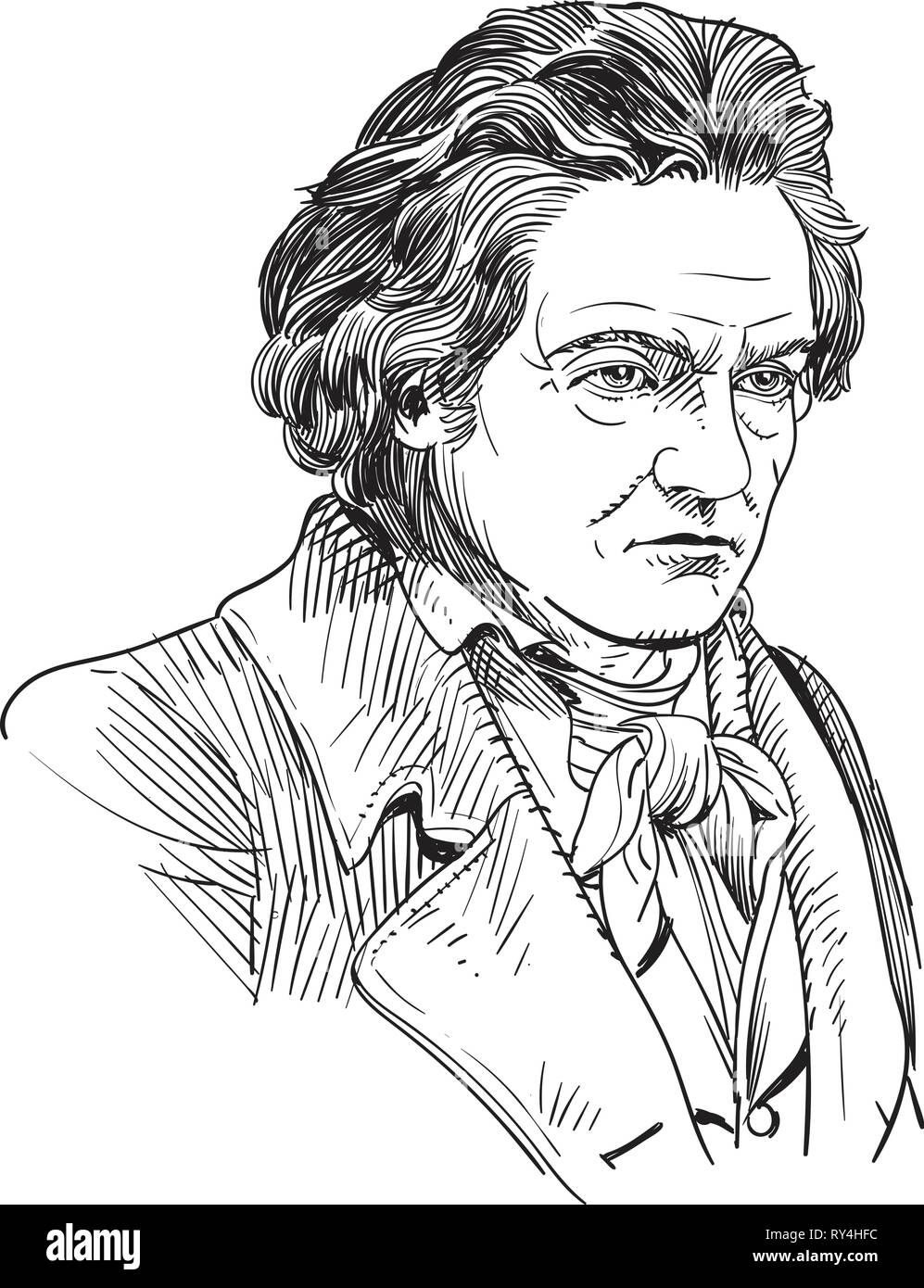 Ludwig van Beethoven portraitin Line Art Illustration Stock Vektor