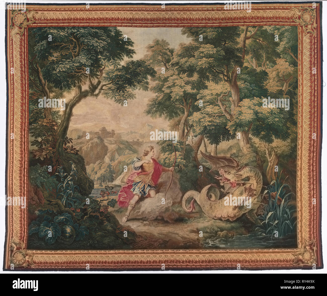 Apollo und die Schlange Python (aus Satz von Ovids Metamorphosen), 1700-1730. Gobelins (Französisch), nach Nicolas Bertin (Französisch, 1668-1736). Gobelin-webart; gesamt: 330,2 x 393.4 cm (130 x 154 cm Stockfoto