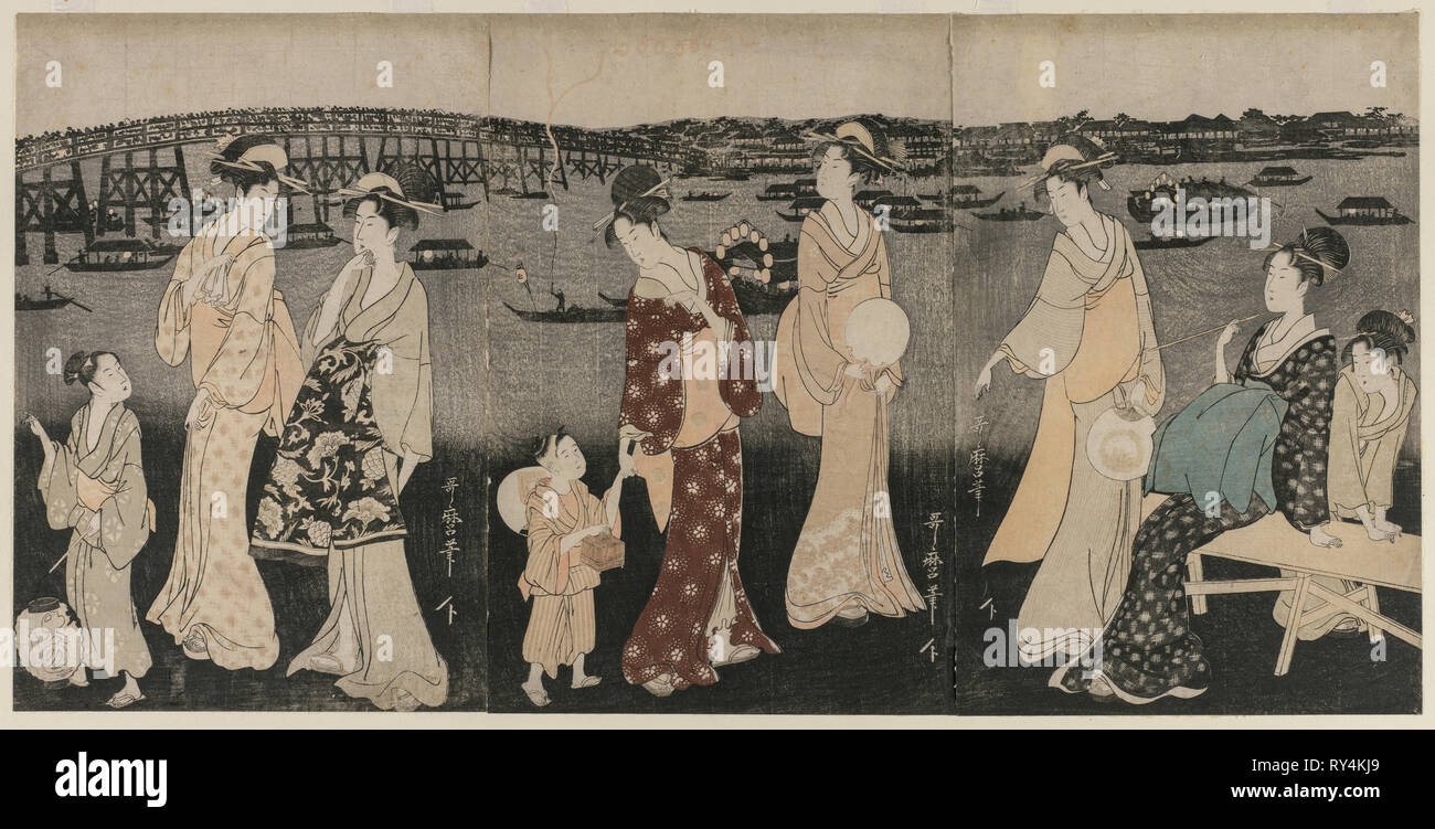 Genießen Sie die abendliche Kühle entlang der Sumida River, C. 1797-98. Kitagawa Utamaro (Japanisch, 1753?-1806). Triptychon der Holzschnitte; Tinte und Farbe auf Papier; gesamt: 37,5 x 25,3 cm (14 3/4 x 9 15/16 in Stockfoto