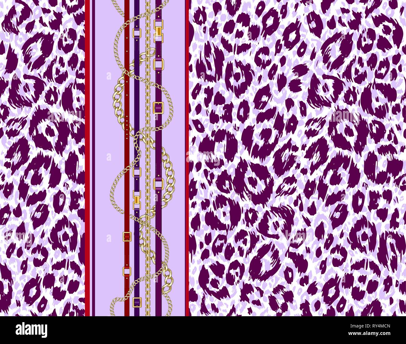 Abctract nahtlose Muster mit Riemen, Kette auf Violett tierischer Haut Hintergrund für Stoff. Trendy wiederholen Leopardenmuster. Stock Vektor